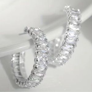 Silver Hoop Earrings with Sparkly Zircon Stones, NEW